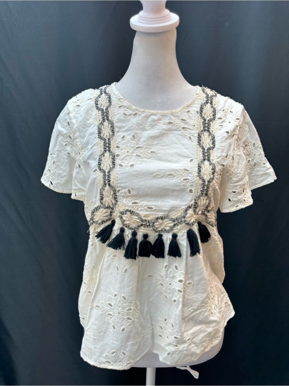 Zara cream eyelet blouse top w/blk tassel detail XS